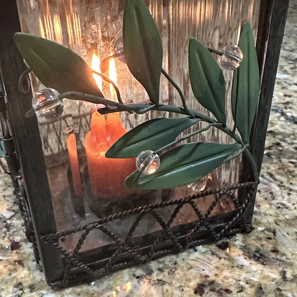 PartyLite Rustic Black Lantern with Green Metal Vines Candle Holder